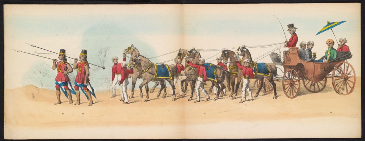 Masquerade of the Delft Students, 1857 (skylt 4) Klädd procession som hölls av medlemmarna i Delfts studentkår den 5 maj 1857, föreställande Sultanen av Djokjokartas Garebeg-procession och de mest karakteristiska typerna från Nederländerna. av Johan Hendrik Hoffmeister