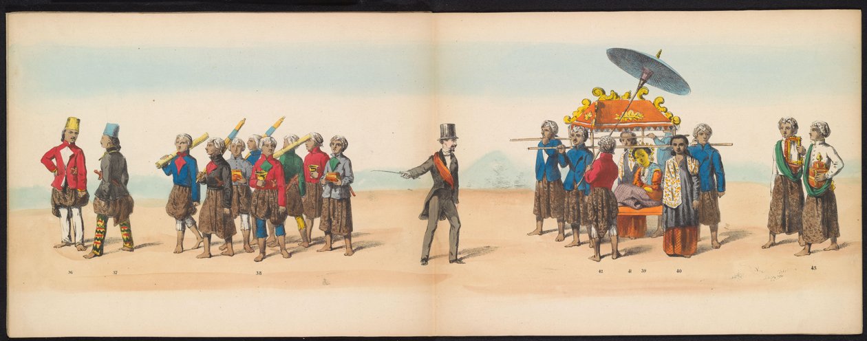 Masquerade of the Delft Students, 1857 (skylt 5) Klädd procession som hölls av medlemmarna i Delfts studentkår den 5 maj 1857, föreställande Sultanen av Djokjokartas Garebeg-procession och de mest karakteristiska typerna från Nederländerna. av Johan Hendrik Hoffmeister