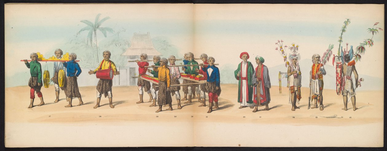 Masquerade of the Delft Students, 1857 (skylt 7) Klädd procession som hölls av medlemmarna i Delfts studentkår den 5 maj 1857, föreställande Sultanen av Djokjokartas Garebeg-procession och de mest karakteristiska typerna från Nederländerna. av Johan Hendrik Hoffmeister