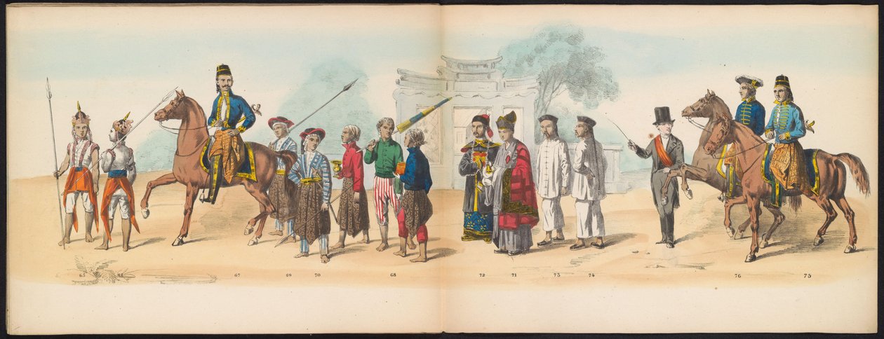 Masquerade of the Delft Students, 1857 (skylt 8) Klädd procession som hölls av medlemmarna i Delfts studentkår den 5 maj 1857, föreställande Sultanen av Djokjokartas Garebeg-procession och de mest karakteristiska typerna från Nederländerna. av Johan Hendrik Hoffmeister