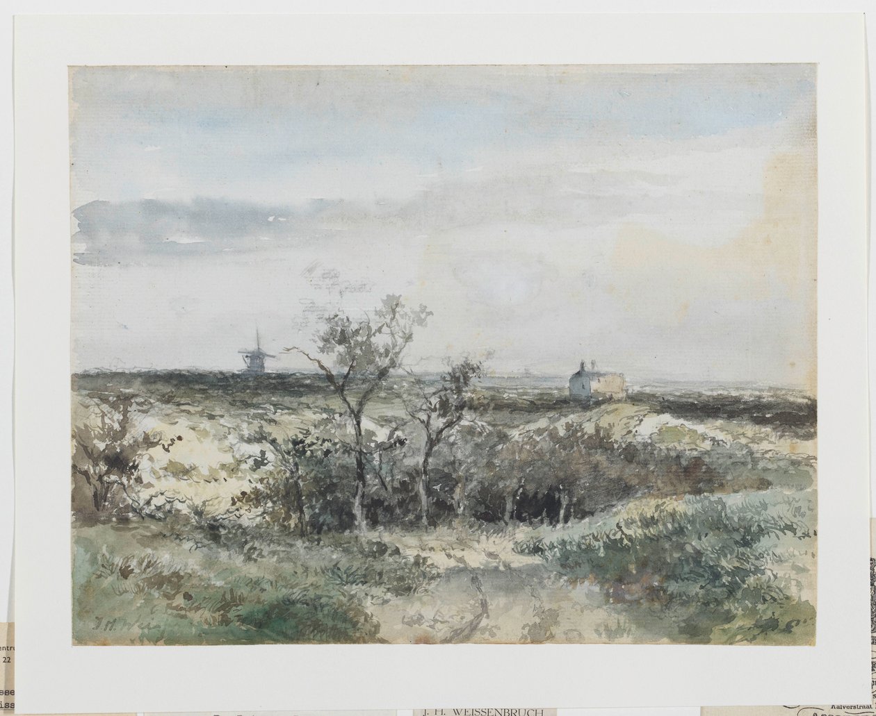 Utsikt över Dekkersduin, med den gamla gasfabriken och väderkvarnen i fjärran av Johan Hendrik Weissenbruch