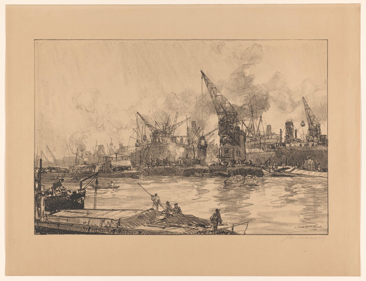 Utsikt över hamnen i Rotterdam, med olika kranar av Johan Hendrik van Mastenbroek (signed by artist)