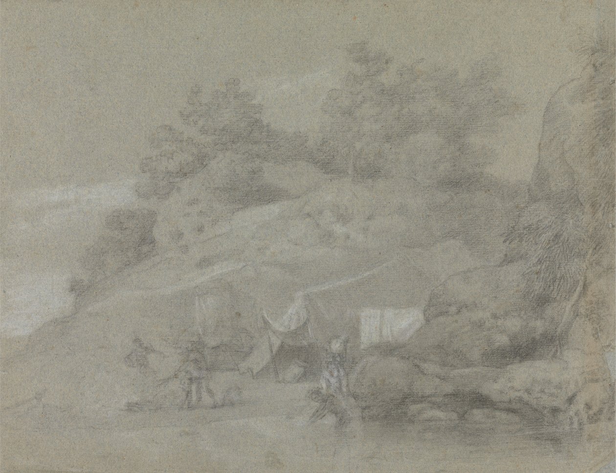 En flod vid en stenig bank med figurer, möjligen i Indien av Johan Joseph Zoffany