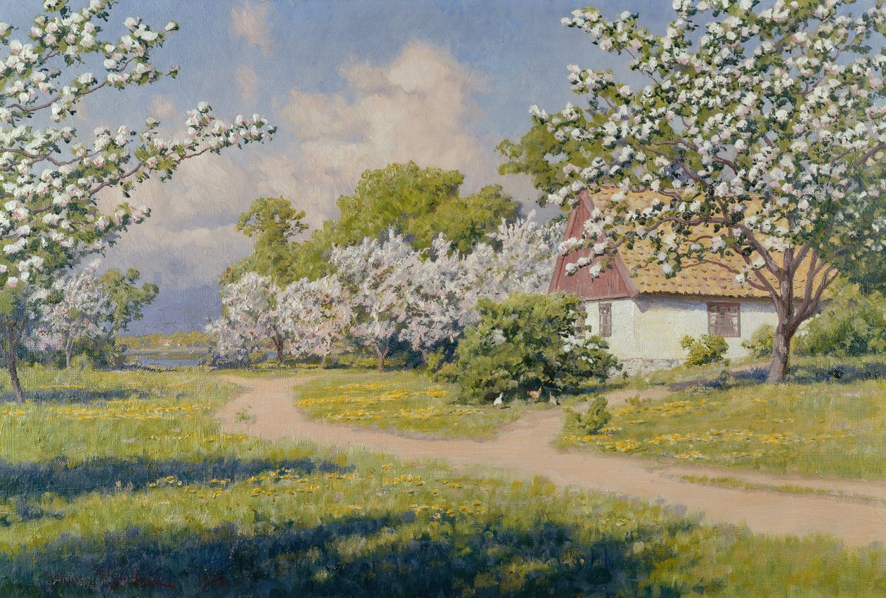 Ett skogslandskap med en stuga på våren av Johan Krouthén