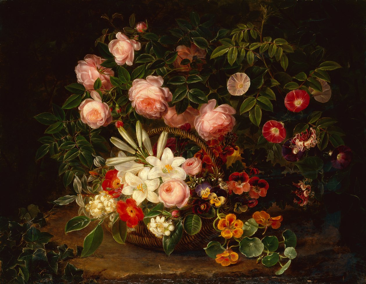 En korg med rosor, liljor och penséer av en rosenbuske av Johan Laurents Jensen