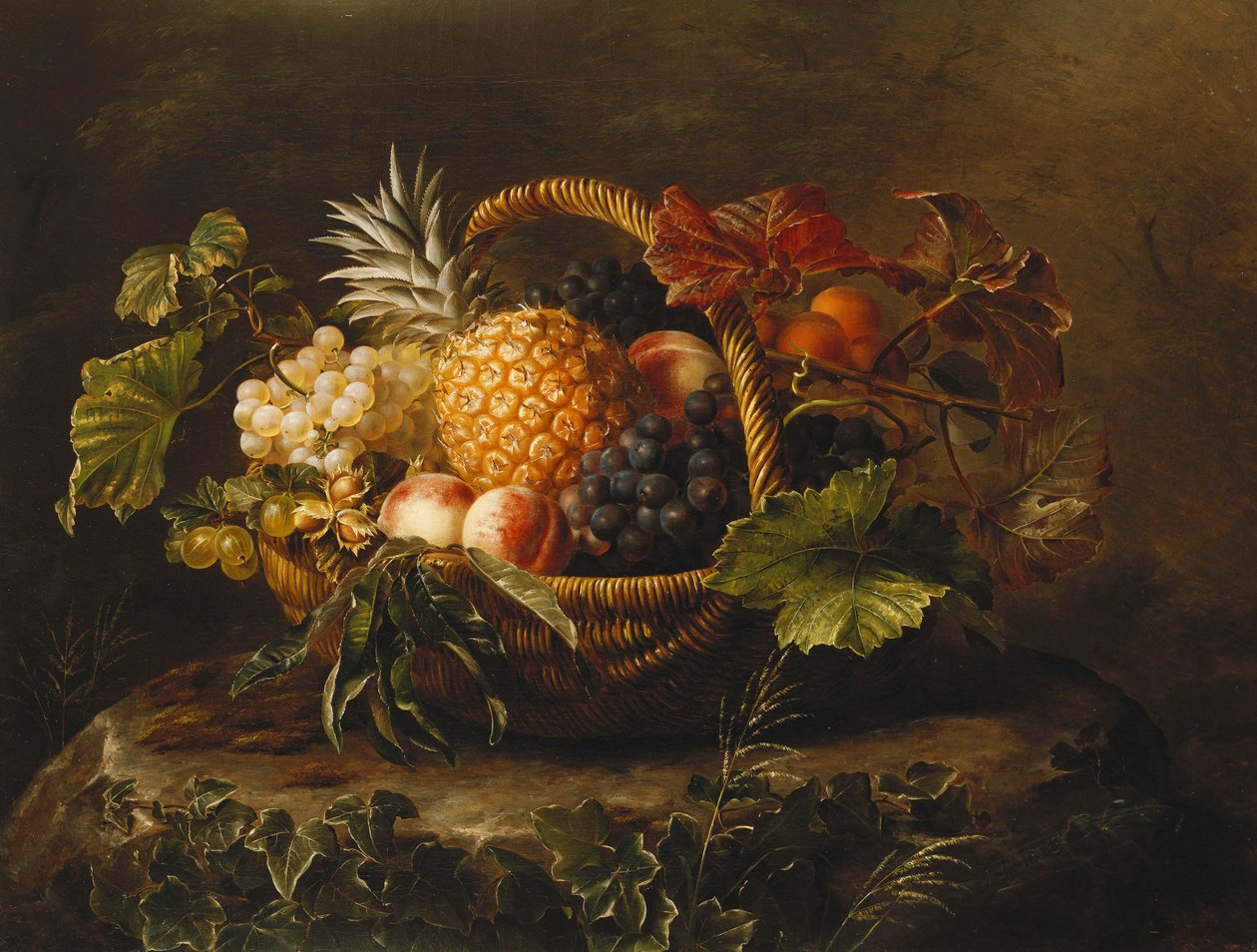 En ananas, vindruvor, persikor och aprikoser i en korg, av Johan Laurents Jensen