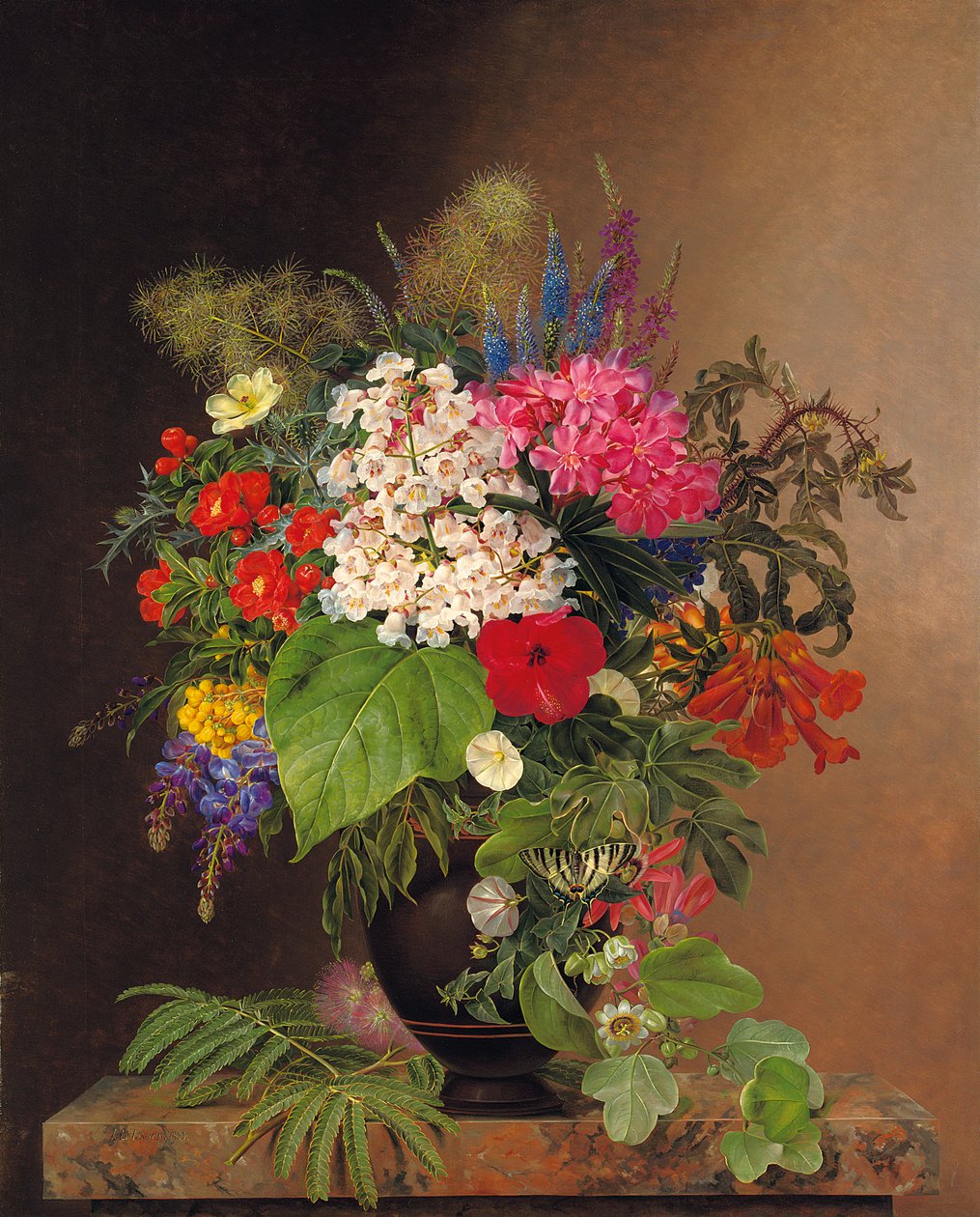 Convolvulus, lupiner, speedwell och fuschia i en vas, 1833 av Johan Laurents Jensen