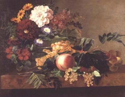 Blommor och frukt på ett marmorbord av Johan Laurents Jensen