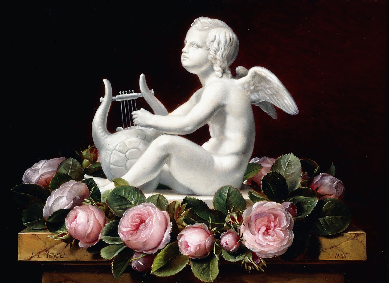 Garland of Pink Roses runt Amor som spelar en lyra på en marmorkant, 1841 av Johan Laurents Jensen