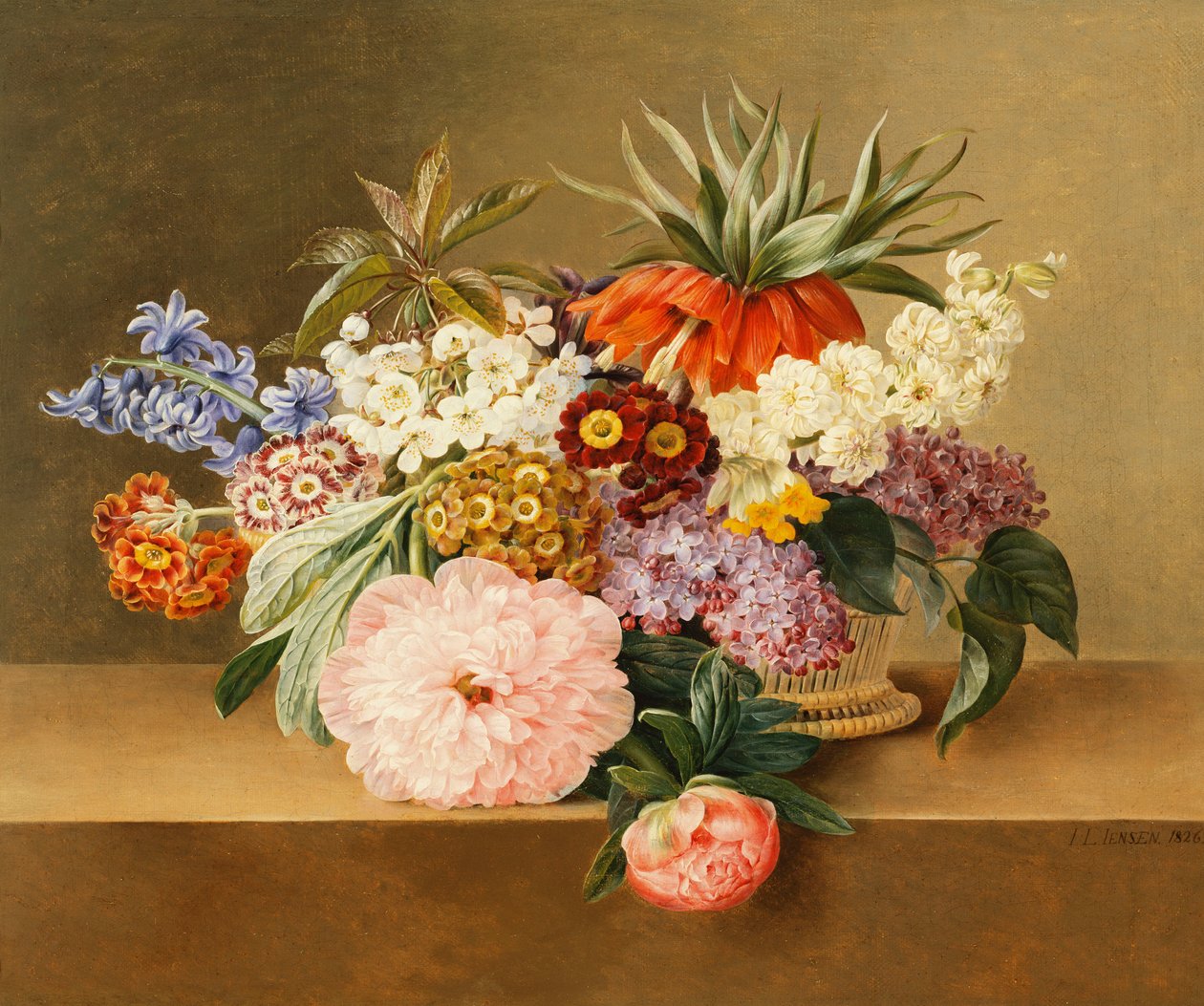 Iris, syren, primulae, blommor och pioner i en korg, av Johan Laurents Jensen