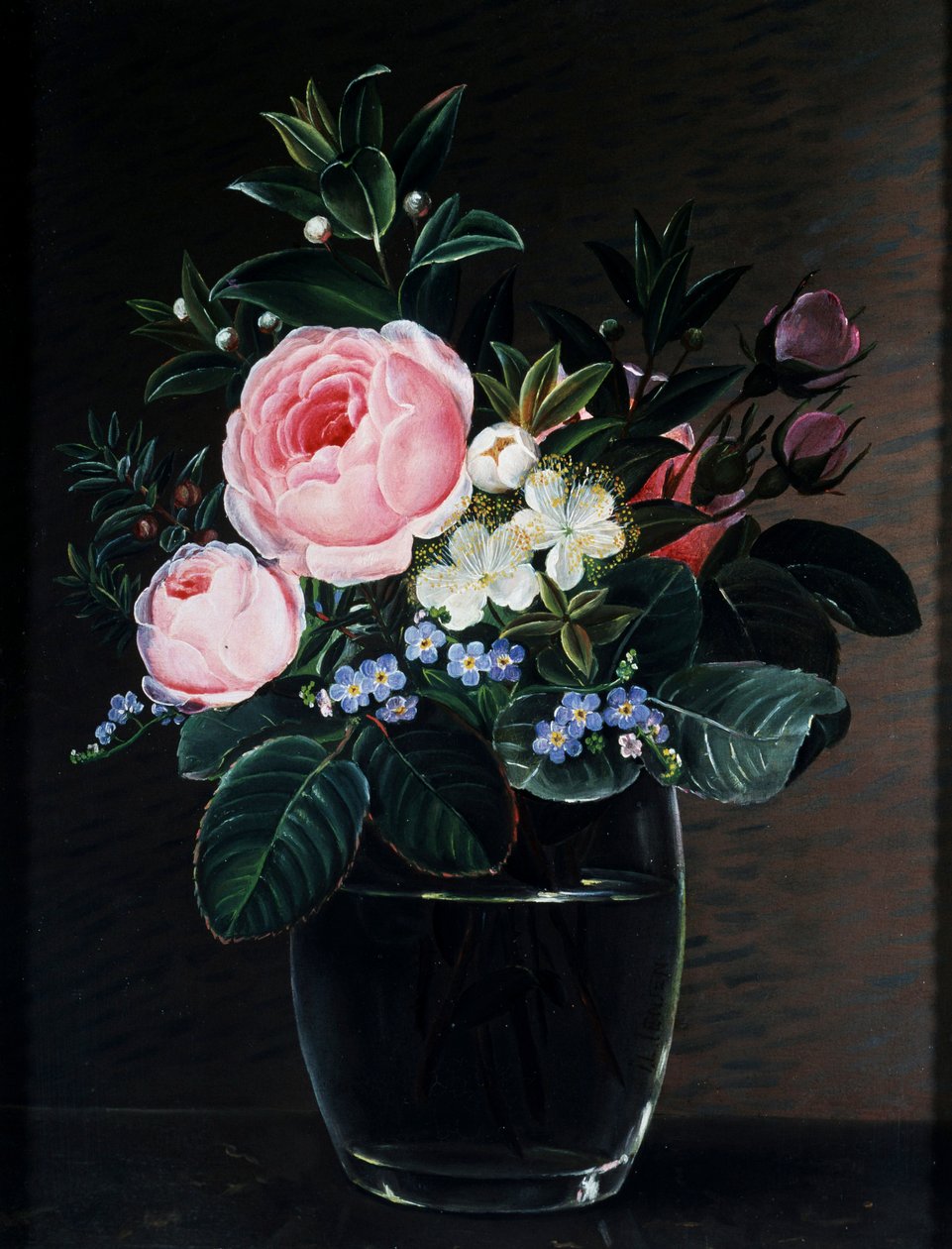 Rosor och förgätmigej i glasvas. Målning av Johan Laurentz Jensen (1800-1856) Privat samling. av Johan Laurents Jensen