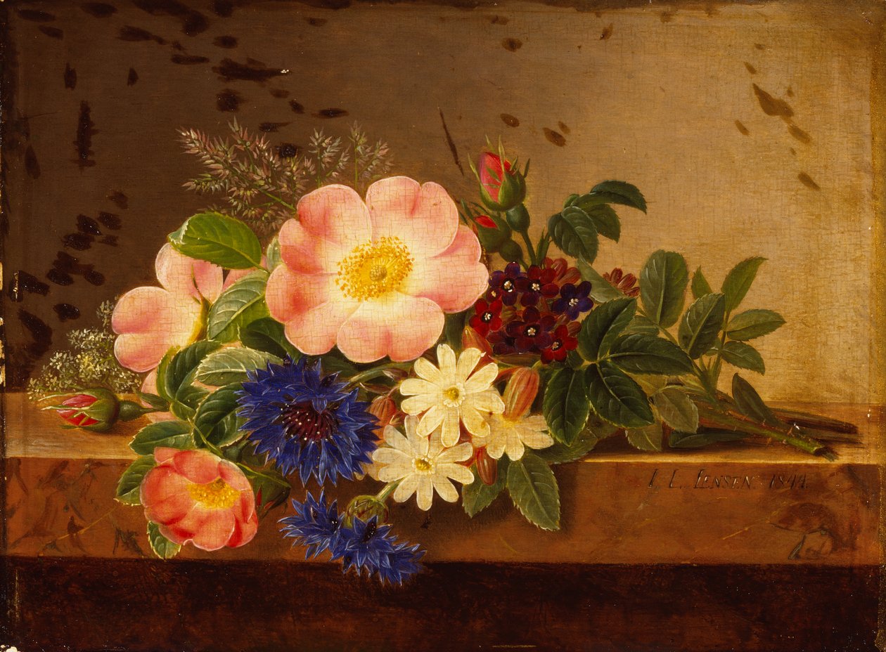 Vilda blommor, blåklint och andra blommor på en avsats (olja på duk) av Johan Laurents Jensen