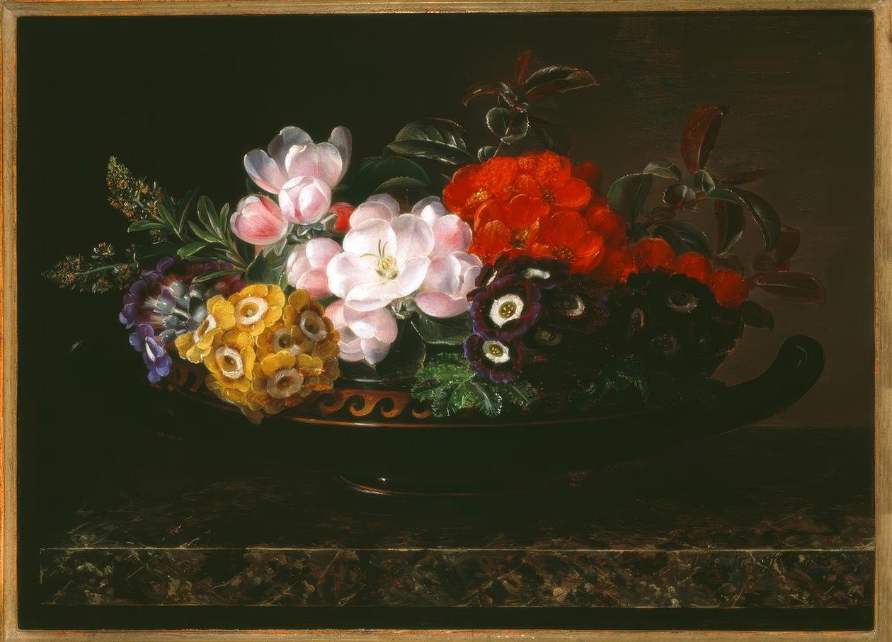 J.L. Jensen, Stilleben med blommor i en antik skål av Johan Laurentz Jensen