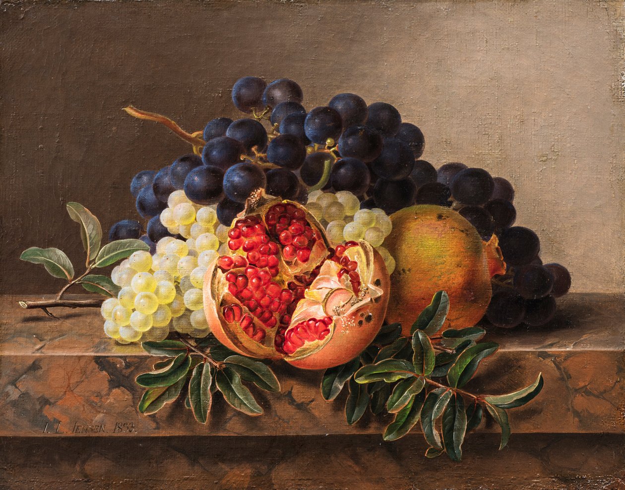 Granatäpplen och gröna och blå druvor på marmorram, 1833. av Johan Laurentz Jensen