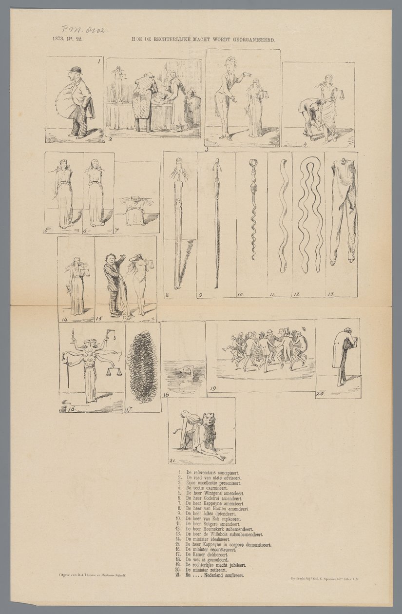 Tecknad film om rättsväsendet, 1873 Hur rättsväsendet är organiserat (titel på objekt) av Johan Michaël Schmidt Crans