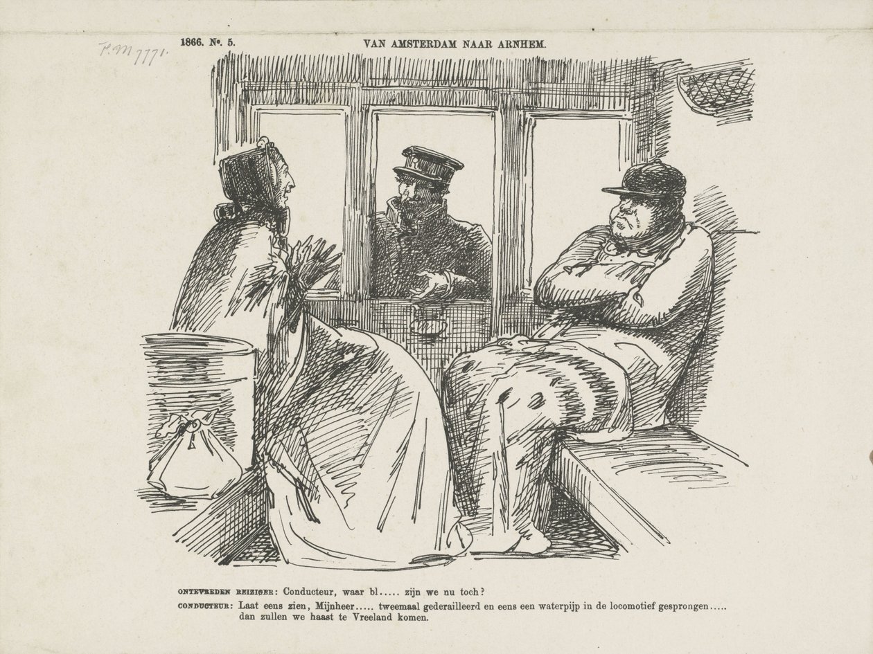 Tecknad film om de många olyckorna på Rhijnspoorweg, 1866 Från Amsterdam till Arnhem (titel på objekt) av Johan Michaël Schmidt Crans