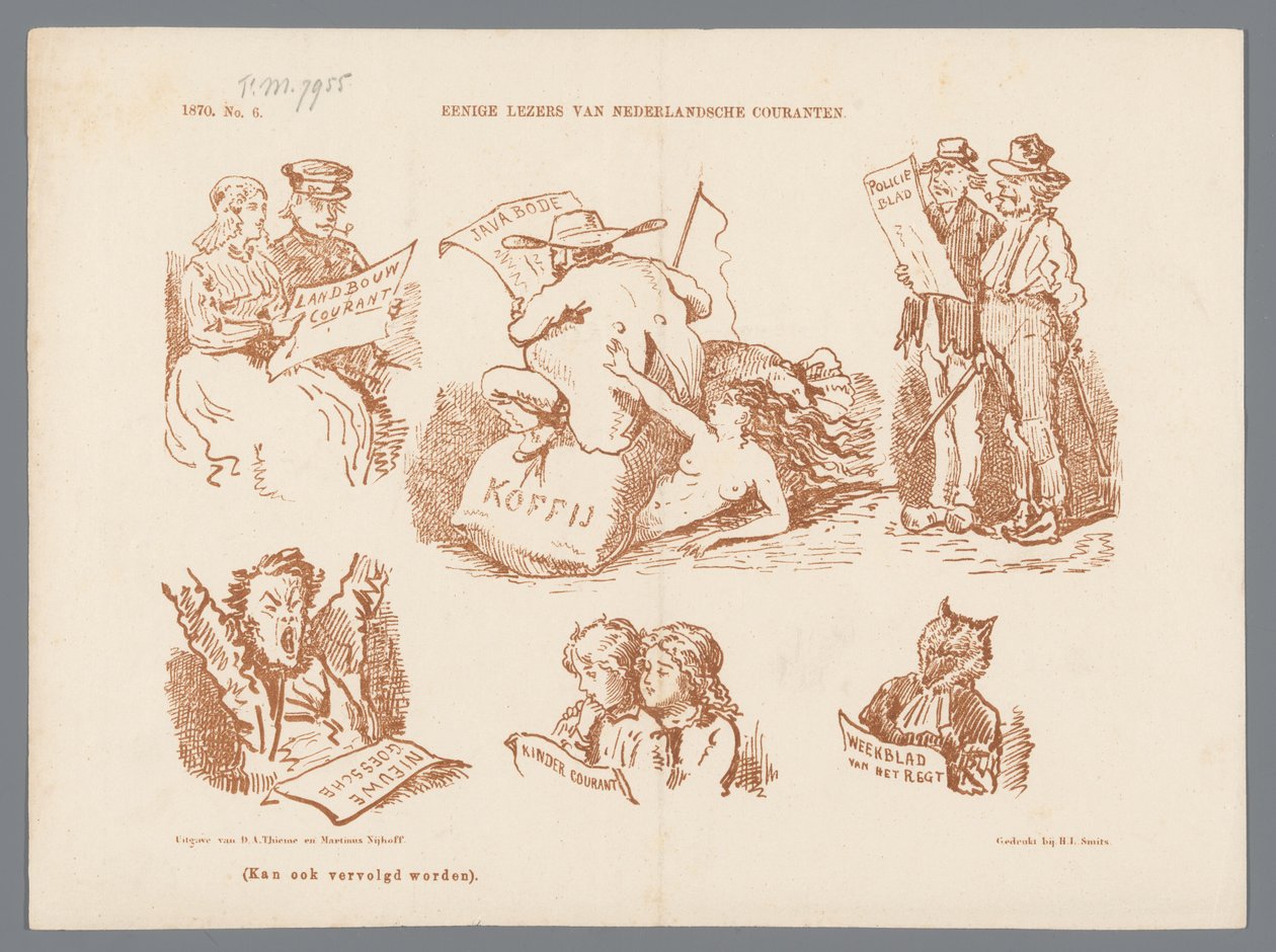 Tecknad serie av olika typer av tidningsläsare, 1870 Vissa läsare av holländska tidningar (titel på objekt) av Johan Michaël Schmidt Crans