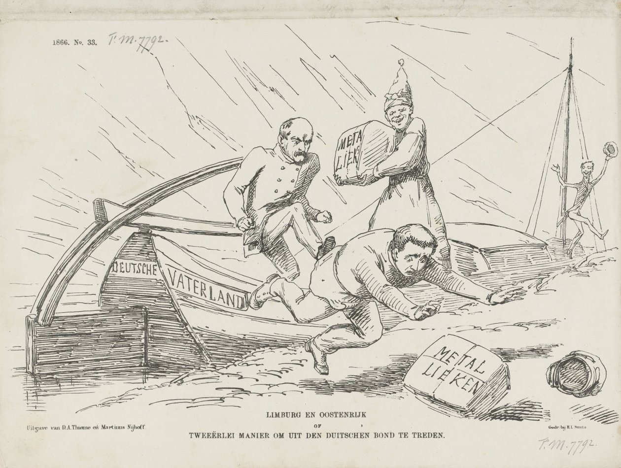 Tecknad film om Bismarck och Tyska förbundet, 1866 Limburg och Österrike eller två sätt att lämna Tyska förbundet (titel på objekt) av Johan Michaël Schmidt Crans
