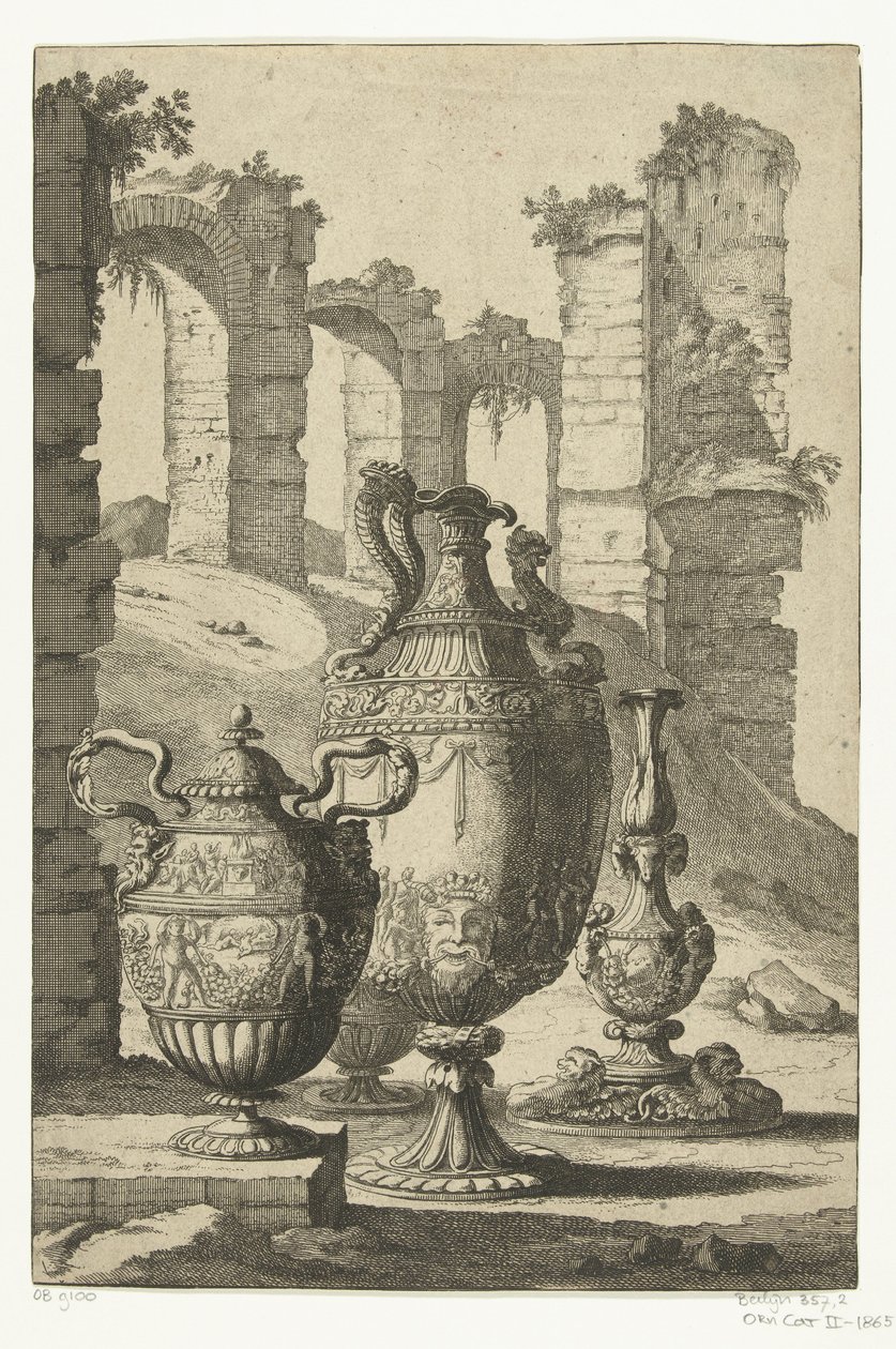 Tre vaser och en ljusstake Materiem superabat opus (titel på objekt) Vaser och ljusstakar (serietitel) av Johan Teyler (attributed to)