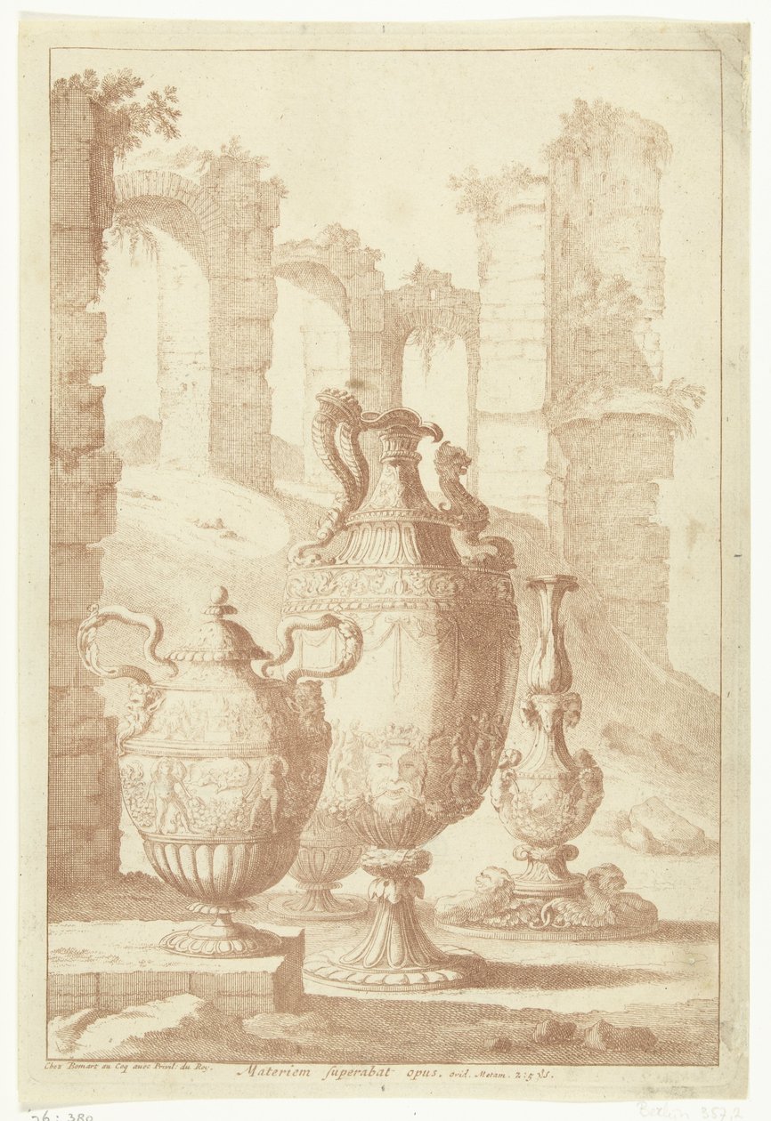 Tre vaser och en ljusstake Materiem superabat opus (titel på objekt) Vaser och ljusstakar (serietitel) av Johan Teyler (attributed to)