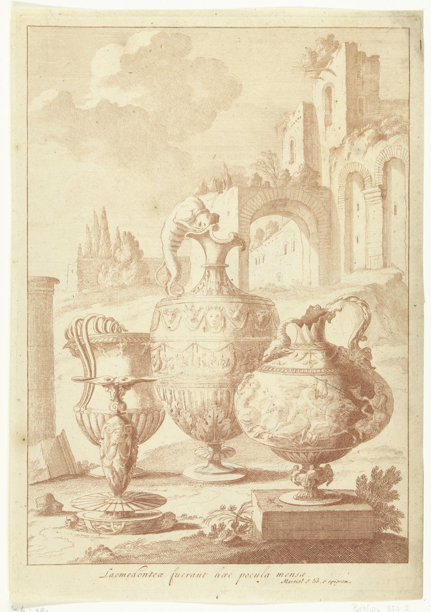 Ljuskrona och torr vas Laomedonteae fuerant haec pocula mensea (titel på objekt) Vas och ljusstake (serietitel) av Johan Teyler (attributed to)