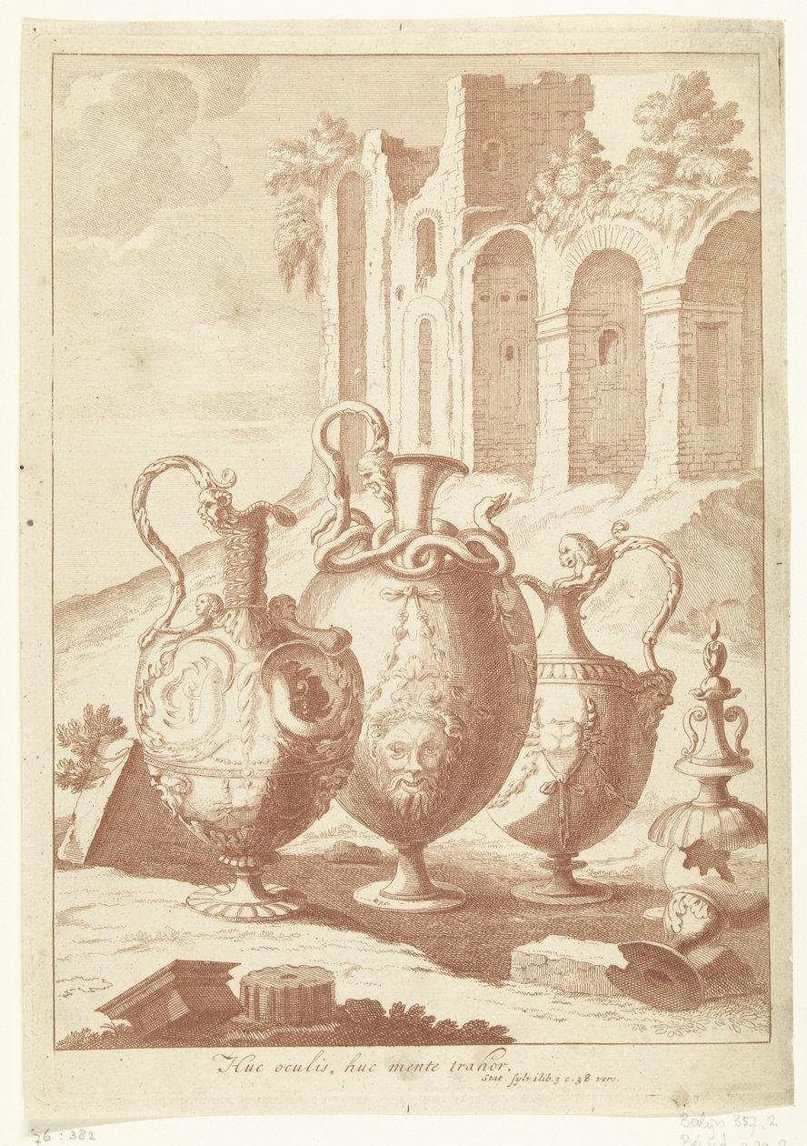 Fyra vaser, den fjärde trasig Huc oculis, huc mente trahor (titel på objekt) Vaser och ljusstakar (serietitel) av Johan Teyler (attributed to)