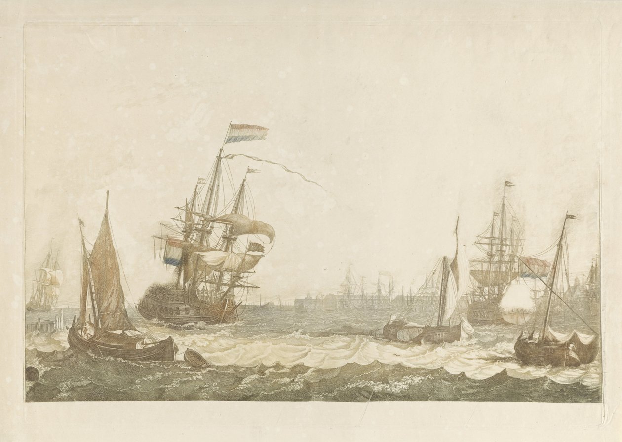 Utsikt över IJ med Oost-Indisch Zeemagazijn och Oosterkerk av Johan Teyler (possibly)