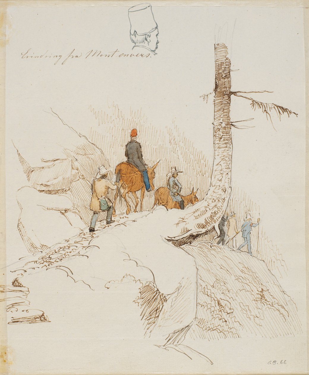 Gående och ridande resande på en bergsstig ovanför ett litet manshuvud sett bakifrån av Johan Thomas Lundbye