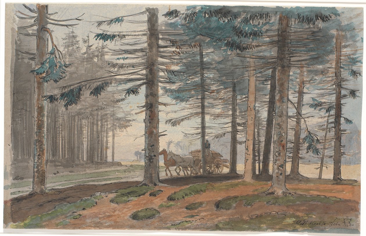 Granskog med en väg som en häst och vagn kör på med ett lass ved. I bakgrunden ett glänta i skogen av Johan Thomas Lundbye