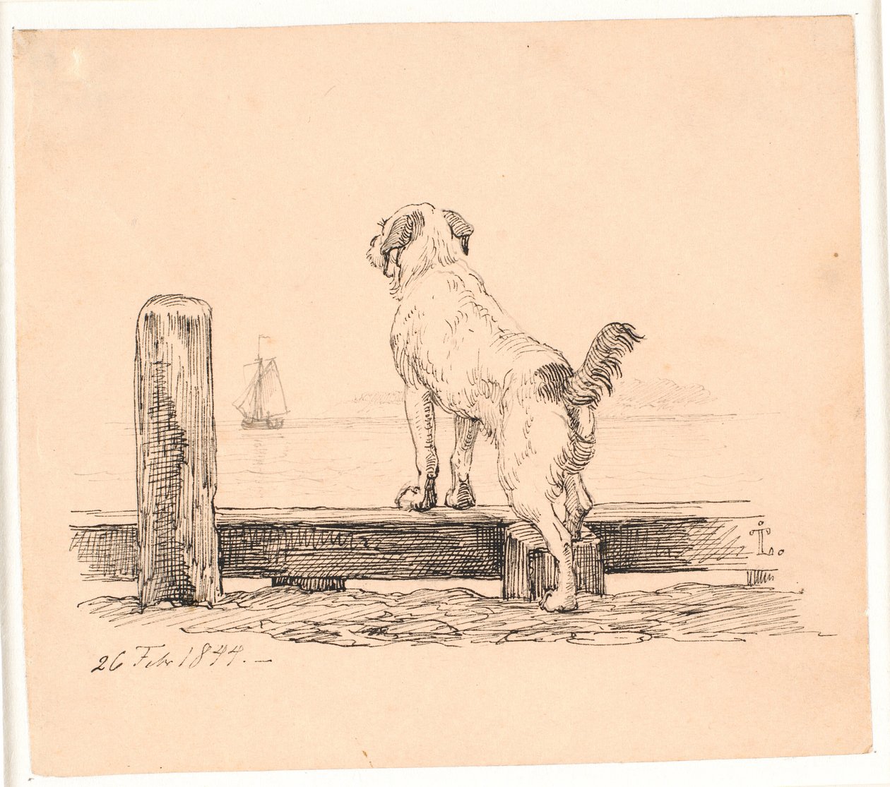 Hunden på stranden. Illustration till Kaalunds "Fabler för barn". Se kommentar från arkkatalog. av Johan Thomas Lundbye