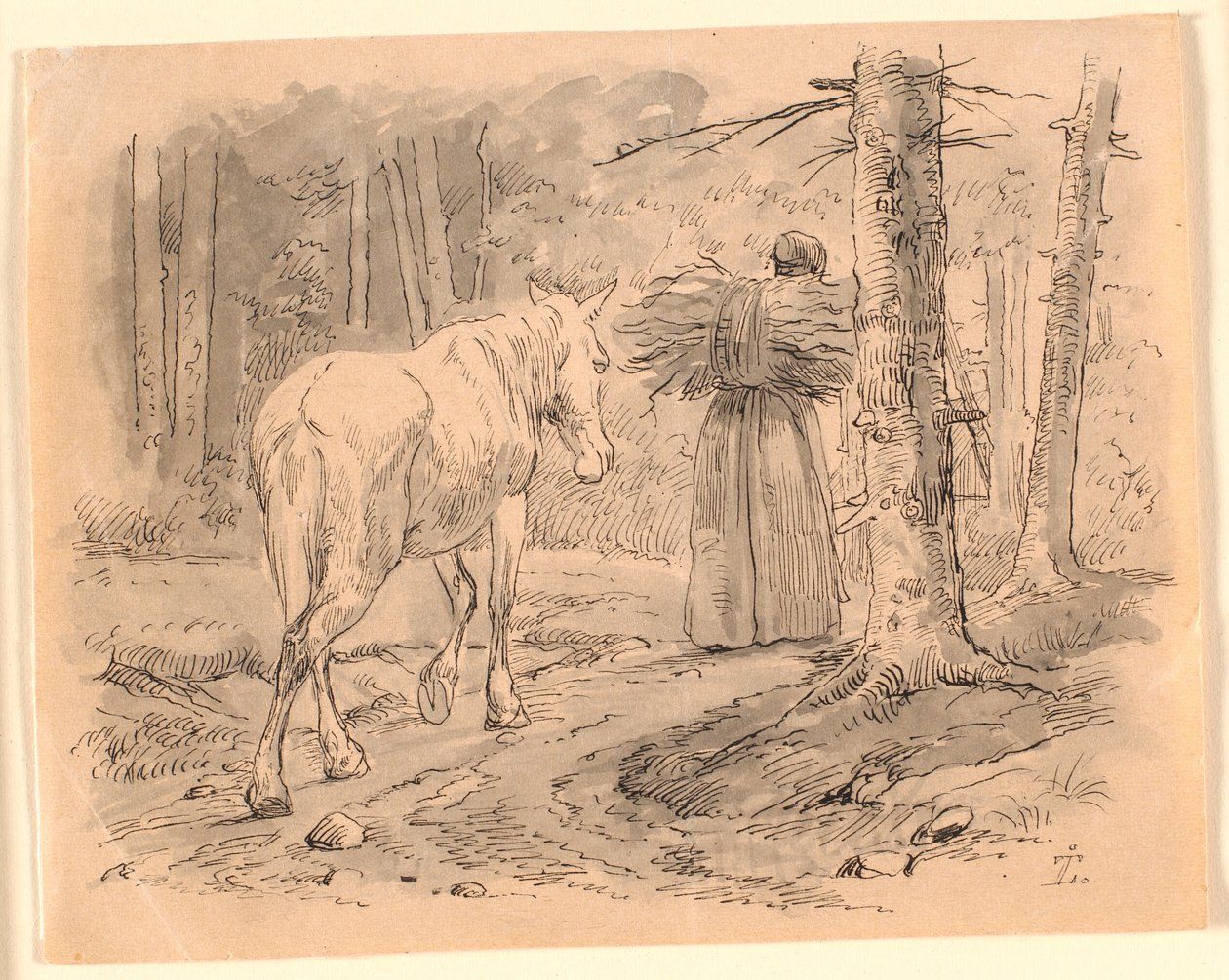 Hustrun och hästen. Illustration till Kaalunds "Fabler för barn". Se kommentar från arkkatalog. av Johan Thomas Lundbye