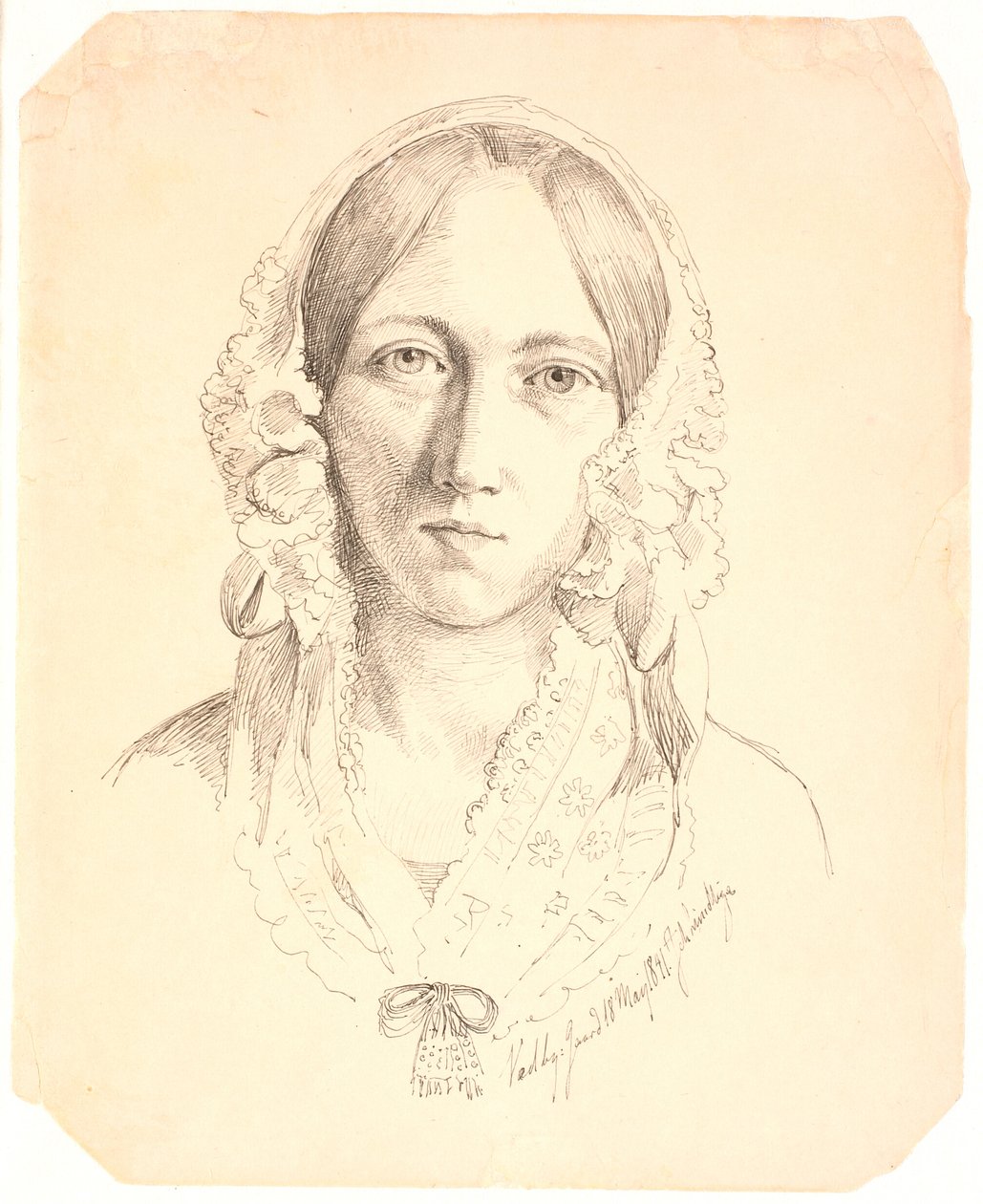 Porträtt av en ung kvinna, ett ansikte. Möjligen representerar Louise Marie Neergaard (1816-1895) av Johan Thomas Lundbye
