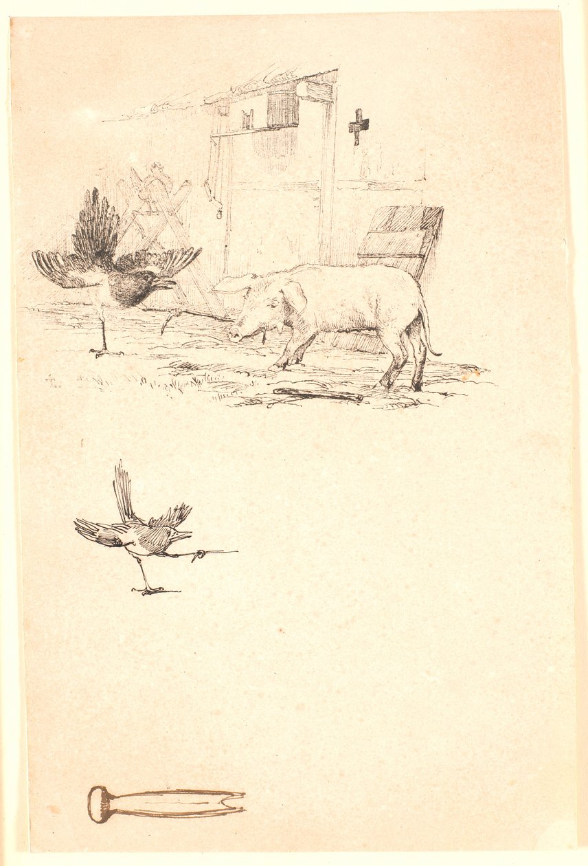 Storken och grisen. Nedan studie av skadan och en bit verktyg. Illustration till Kaalunds "Fabler för barn". Se kommentar från arkkatalog. av Johan Thomas Lundbye