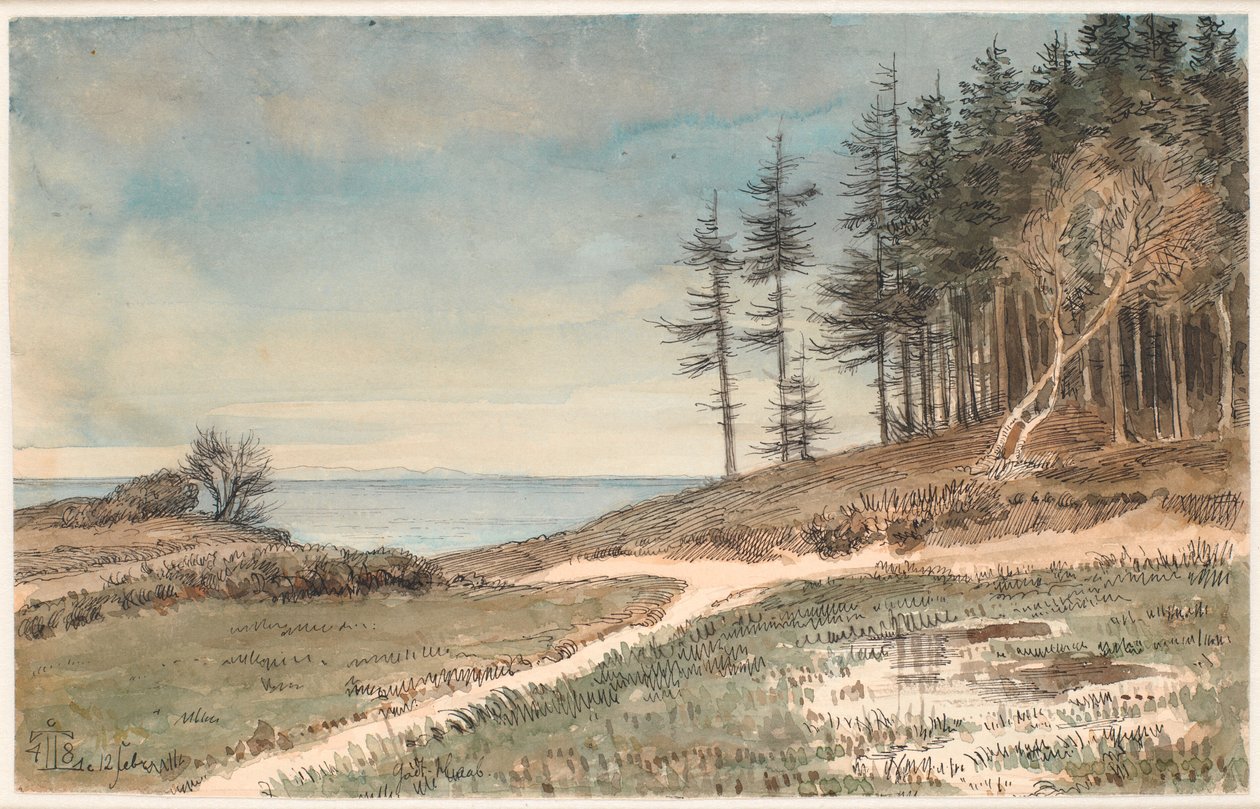 Utsikt mot Kullen från stranden vid Hellebæk av Johan Thomas Lundbye