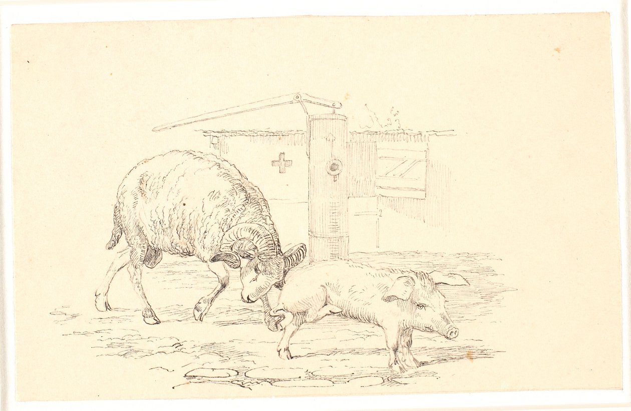 Baggen och grisen. Illustration till Kaalunds "Fabler för barn". Se kommentar från arkkatalog. av Johan Thomas Lundbye