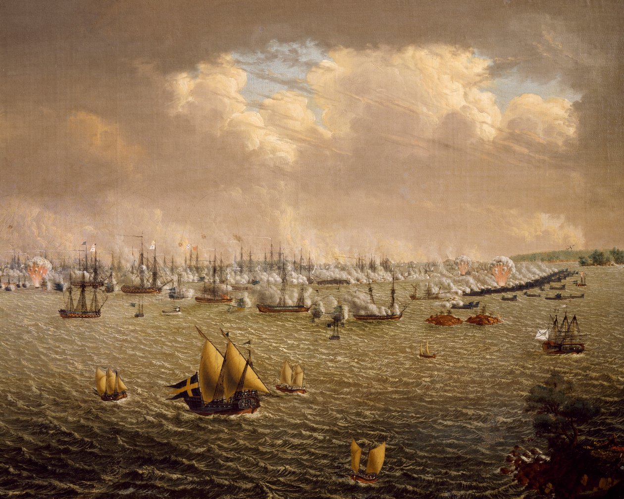 Slaget vid Skargård mellan svenska och ryska flottor på grund av Sveriges herravälde över Finland, 10 juli 1790, av Johan Tietrich Schoultz (1754-1807), rysk-svenska krig av Johan Tietrich Schoultz