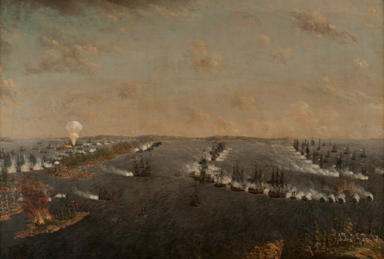 Första rysk-svenska slaget vid Rochensalm den 24 augusti 1789, ca. 1790. av Johan Tietrich Schoultz