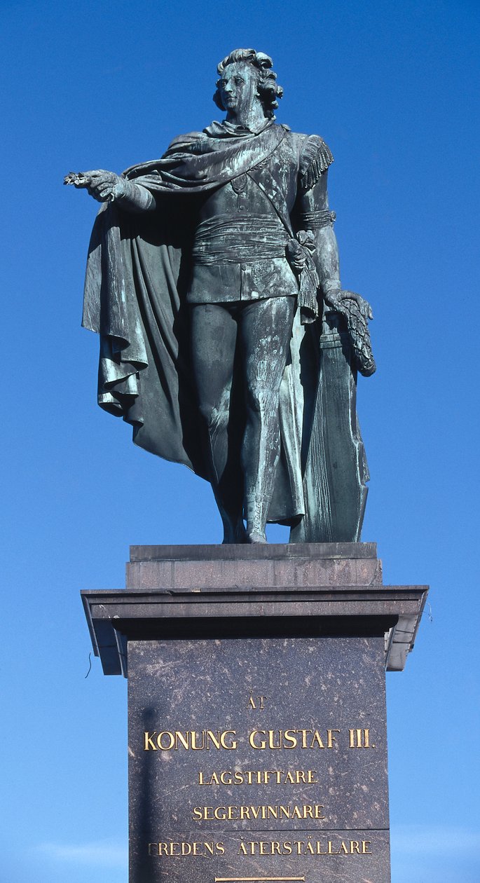 Staty av kung Gustav III skulpterad 1799 till minne av kungen som mördades 1792, Gamla Stan (Gamla Stan), Stockholm, Sverige (foto) av Johan Tobias Sergel