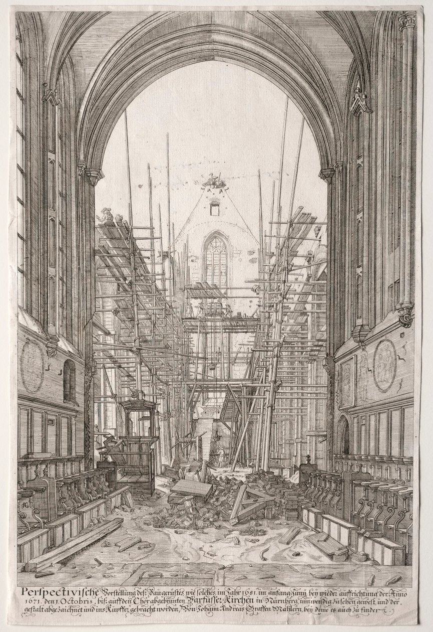 LArt Ancien Zurich: Utsikt i Franciskanernas kyrka, Barfüsser-Kirke, 1681. av Johan Ulrich Krauss