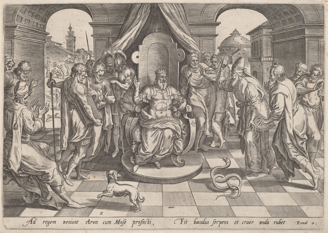 Mose och Aron inför farao av Johan Wierix, after Maarten van Cleef
