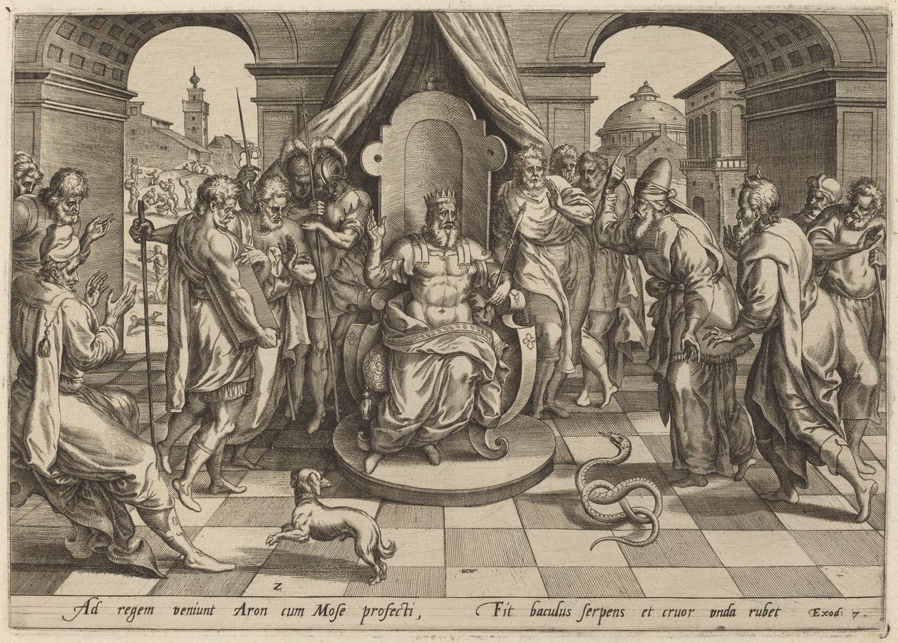 Mose och Aron inför faraa av Johan Wierix, after Maarten van Cleef