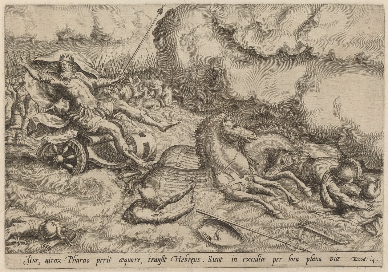 Korsningen av Röda havet av Johan Wierix, after Maarten van Cleef