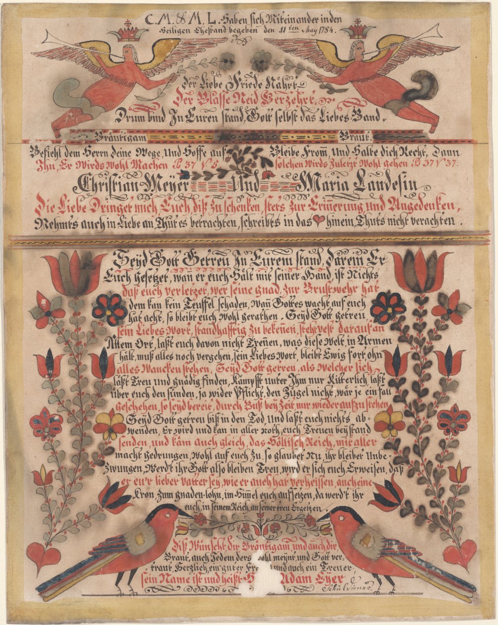 Äktenskapshälsning för Christian Meyer och Maria Landes, 1784 (wc och bläck på papper) av Johann Adam Eyer