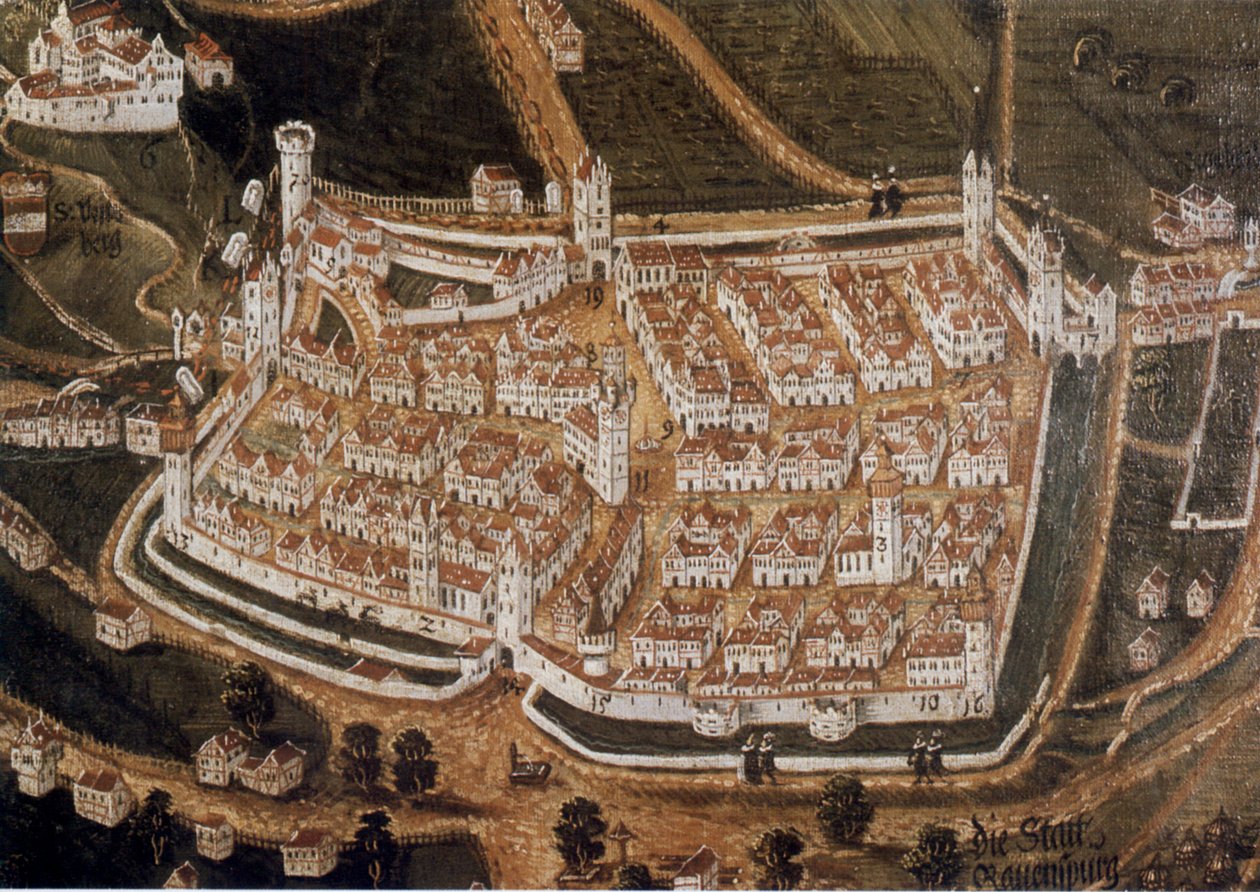 Prospekt för Weißenau -klostret och den kejserliga staden Ravensburg från norr av Johann Andreas Rauch