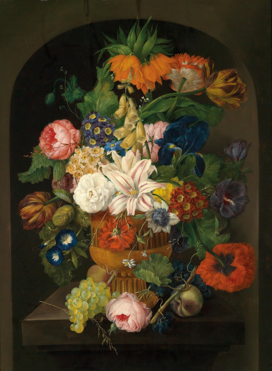 Stilleben med blommor med druvor av Johann Baptist Drechsler