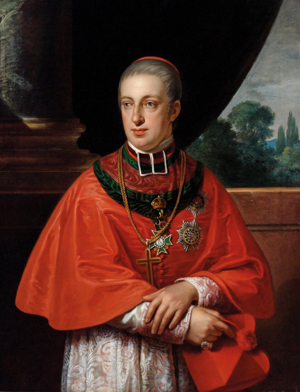 Kardinal Erzherzog Rudolf, Porträt als Kardinal dekoriert mit dem St. Stephansorden und dem sächsischen Hausorden der Rautenkrone av Johann Baptist von Lampi the Elder