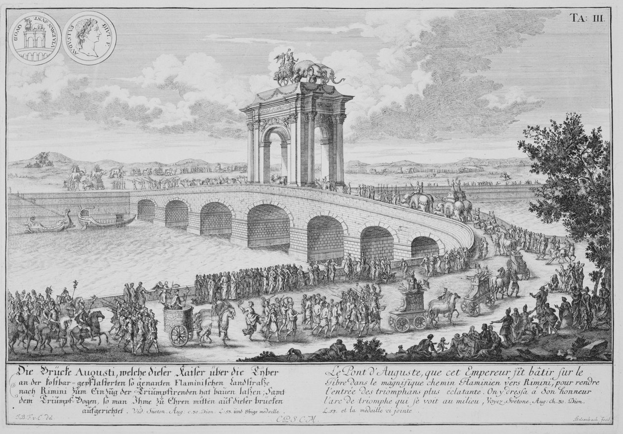 Augustus bro på Via Flaminia, nära Rimini, Italien, från "Entwurf einer historischen Architektur", graverad av Johann Adam Delsenbach (1687-1765) 1721 av Johann Bernhard Fischer von Erlach