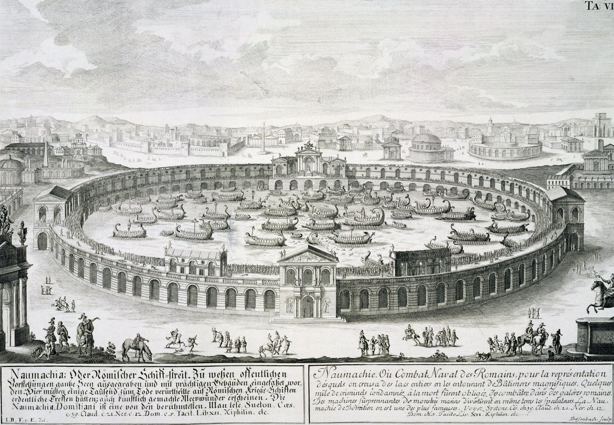 Rekonstruktion av ett romerskt sjöslag, från "utkast till en historisk arkitekt", graverad av Johann Adam Delsenbach (1687-1765), 1721 av Johann Bernhard Fischer von Erlach