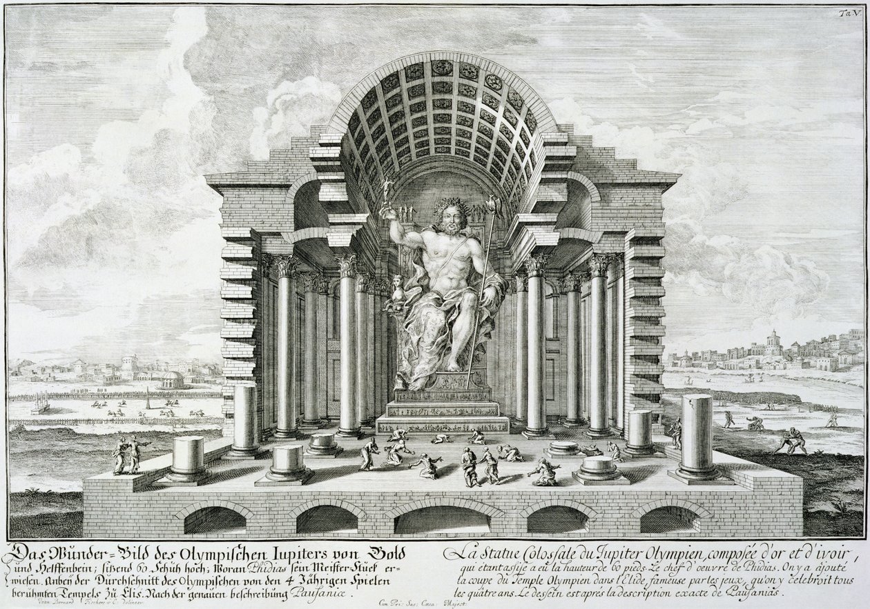 Staty av den olympiske Zeus, utförd av Phidias i guld och elfenben, ritad efter Pausanias (143-176 e.Kr.) exakta beskrivning, från "Entwurf einer historischen Architektur", 1721. av Johann Bernhard Fischer von Erlach