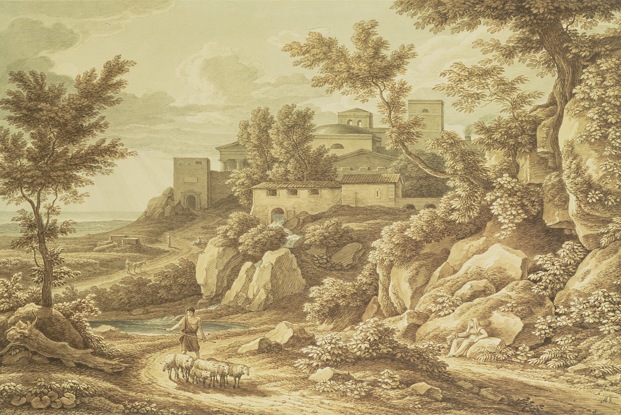 Klassiskt landskap med herde, 1828 (penna och bläck, tvätt, penna och wc) av Johann Christian Reinhart